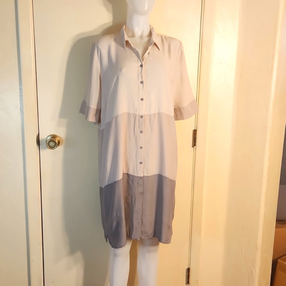 DownEast Neutral Short Sleeve Rayon Shirt Dress Minimalist Knee Length XL Beige